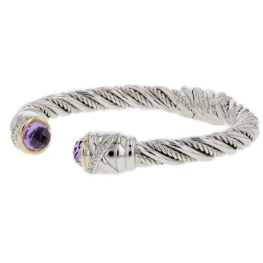 Bangle bracelet in sterling silver and 14k yellow gold with amethyst and diamonds, price on request; Aiya Designs 