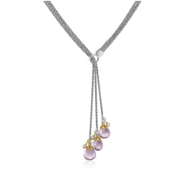 Triple strand lariat in sterling silver and 18k gold vermeil with rose de France amethyst, $415; Anatoli 