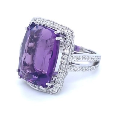 Ring in 18k white gold with 22.4 ct. amethyst and 2.7 cts. t.w. diamonds, price on request; Daviani Collection