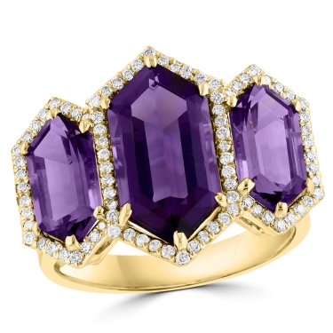 Three-stone ring in yellow gold with amethyst and diamonds, price on request; Hari Jewels