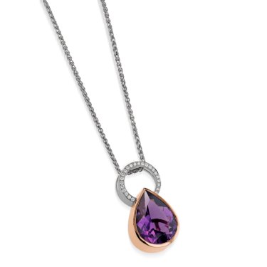 Pear-shape pendant in 18k white and rose gold with amethyst and diamonds, $7,095; John Atencio