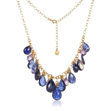 River Thames necklace in gold fill with amethyst, pink amethyst, and iolite, $450; Mabel  Chong