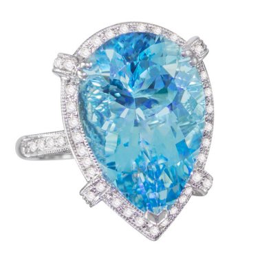 Ring in 18k white gold with 10.71 ct. pear-shape aquamarine, 1.85 cts. t.w. aquamarine, and 0.4 ct. t.w. diamonds, $14,270; Bellarri