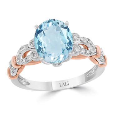 Two-tone ring in 14k white and rose gold with aquamarine and diamonds, $5,400; Lali Jewels