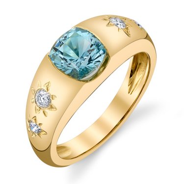 Stella ring in 18k yellow gold with 0.94 ct. aquamarine and 0.25 ct. t.w. diamonds, $4,000; Laura Gallon