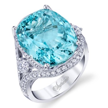 Ring in 18k white gold with 15.42 ct. aquamarine and 1.46 cts. t.w. diamonds, price on request; Supreme Jewelry