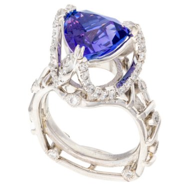 Ring in platinum with 6.54 ct. tanzanite trillion cut by Stephen Avery, and 1.25 cts. t.w. diamonds, $30,480; Brenda Smith