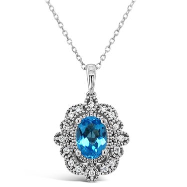 Pendant in white gold with 0.88 ct. Swiss blue topaz and 0.1 ct. t.w. diamonds, $1,200; JP Diamonds 