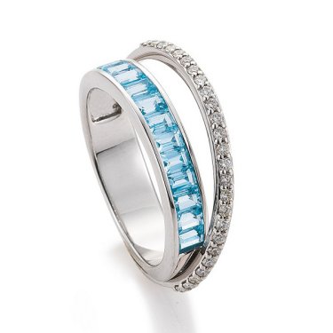 Ring in white gold with baguette blue topaz and 0.125ct. t.w. diamonds, $1,400; Ralf Mezger