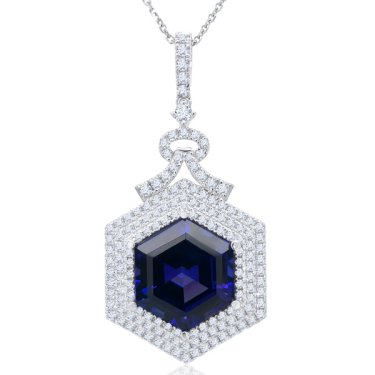 Hexagonal pendant in 18k white gold with 9.05 ct. tanzanite and 1.24 cts. t.w. diamonds, $13,000; Steven Royce