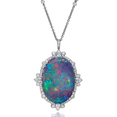 Pendant in platinum with 34.79 ct. black Australian opal and 3.9 cts. t.w. diamonds, price on request; Jack Abraham