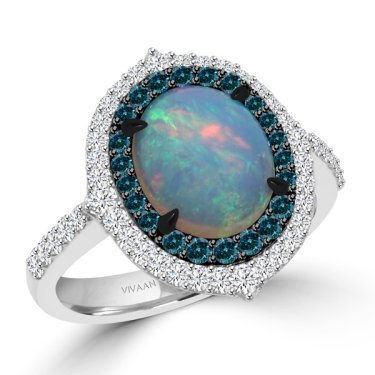 Ring in 18k white gold with 1.41 ct. opal and 0.64 ct. t.w. blue and white diamonds, $3,410; Vivaan