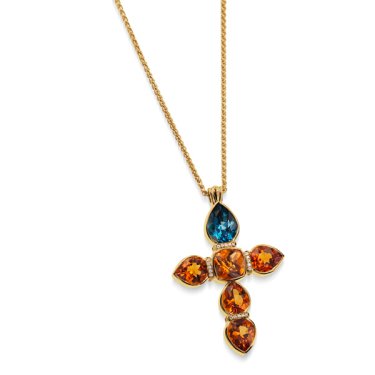 Signature cross pendant in 18k yellow gold with citrine, blue topaz, and diamonds