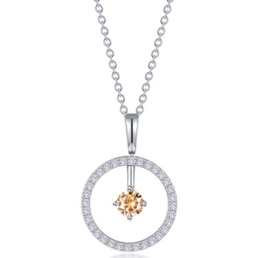 Reversible open circle necklace in sterling silver bonded with platinum with 0.68 ct. simulated yellow topaz and diamonds