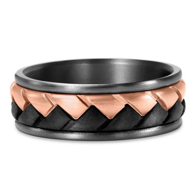 Ring in 14k rose gold, titanium, and carbon fiber, $1,640; Dora International