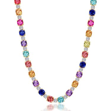 Tennis choker necklace in gold-plated sterling silver with 79.96 cts. t.w. fancy lab-grown sapphires and diamonds, $2,355; Lafonn