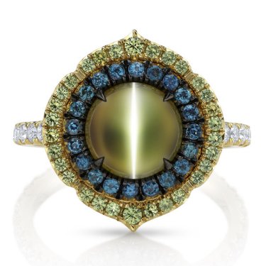 Ring in 18k yellow gold with cat’s eye chrysoberyl, alexandrite, demantoid, and diamonds, $50,000; Omi Privé