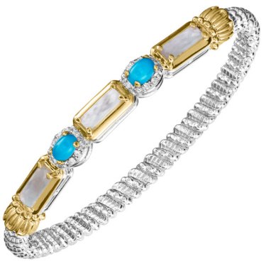Bracelet in 14k yellow gold and sterling silver with mother-of-pearl, turquoise, and 0.12 ct. t.w. diamonds, $3,975; Vahan