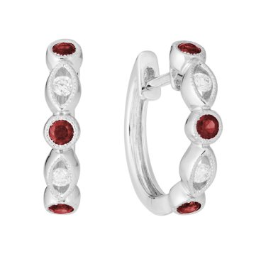 Hoop earrings in 14k white gold with 0.3 ct. t.w. ruby and 0.08 ct. t.w. diamonds