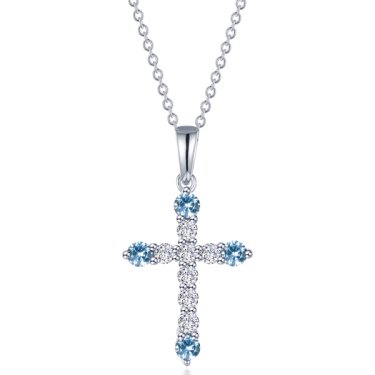 Birthstone cross necklace in sterling silver bonded with platinum with 0.79 ct. simulated aquamarine and diamonds