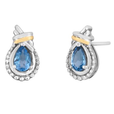 Love Knot stud earrings in sterling silver and 18k yellow gold with blue topaz