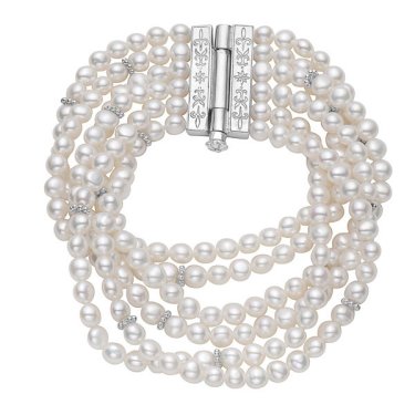 Six-strand bracelet in sterling silver with freshwater pearls, $585; Anatoli