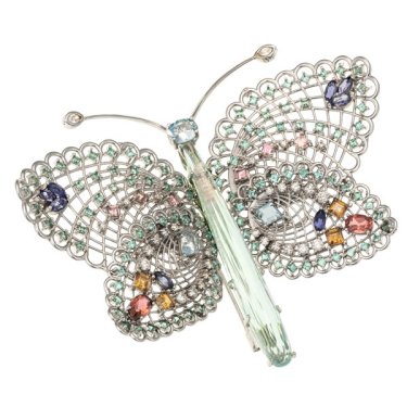 Butterfly brooch with 37.33 ct. aquamarine briolette, 4.97 cts. t.w. tourmaline, 1.69 cts. t.w. yellow beryl, 3.27 cts. t.w. aquamarine, 1.31 cts. t.w. iolite, 0.85 ct. t.w. pink tourmaline, and 1.94 cts. t.w. diamonds, $55,000; Brenda Smith 