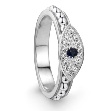 Evil eye ring in sterling silver with sapphire and CZ, $169; Meditation Rings