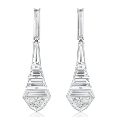 Rockefeller collection mixed step cut earrings in 18k white gold with 3.11 cts. t.w. diamonds, $23,200; Nader Kash 
