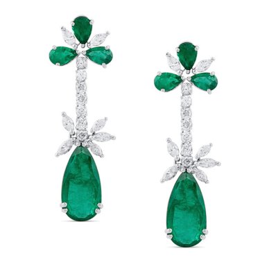 Drop earrings in 18k white gold with 9.77 cts. t.w. emerald and 1.77 cts. t.w. diamonds, $17,595; Tresor 