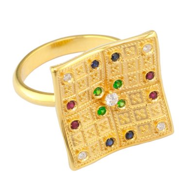 Ring in 18k yellow gold with 0.25 ct. t.w. sapphires, emeralds, and rubies, and 0.05 ct. t.w. diamonds, price on request