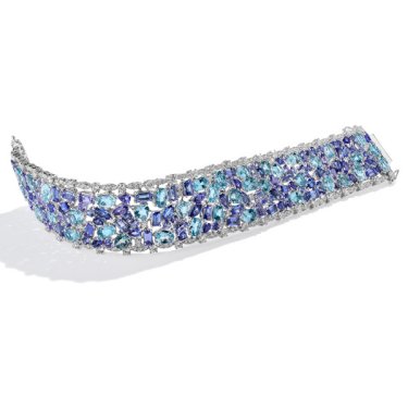 Bracelet in 18k white gold with 23.16 cts. t.w. tanzanite, 17.97 cts. t.w. aquamarine, and 5.21 cts. t.w. diamonds, $54,700; Steven Royce 