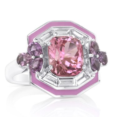 Ring in 18k white gold with pink enamel, 3.02 ct. pink tourmaline, 1.11 cts. t.w. purple sapphire, and 0.58 ct. t.w. diamonds