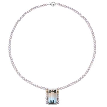Necklace in 18k white gold with multicolor light gray akoya pearls, 30.9 ct. bicolor topaz, and 0.22 ct. t.w. diamonds, $30,000; Baggins  