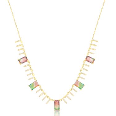 Fringe necklace in 14k yellow gold with 8.69 cts. t.w. watermelon tourmaline and 0.29 ct. t.w. diamonds, price on request; Meira T 