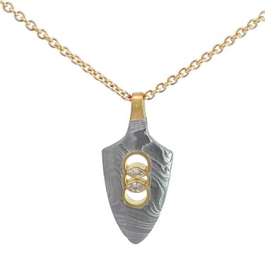 Yanone pendant in Damascus steel and 18k yellow gold with diamond