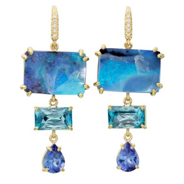 Joyce earrings in 18k yellow gold with Boulder opal, blue zircon, tanzanite, and diamonds