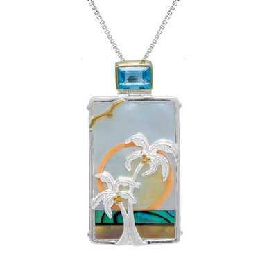Palm Tree pendant in sterling silver and 22k gold vermeil with blue topaz