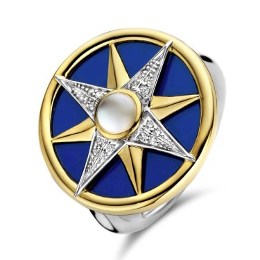 Travel-inspired compass ring in 18k gold-plated sterling silver with CZ and mother-of-pearl