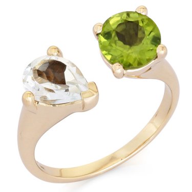 Ring in 14k yellow gold with 1.37 ct. peridot and 1.33 ct. white topaz