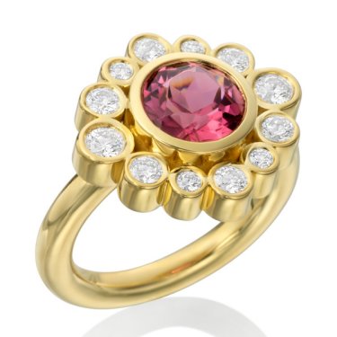 Daisy ring in 18k yellow gold with pink tourmaline and diamonds