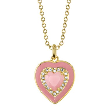 Double heart pendant necklace in yellow gold with pink enamel