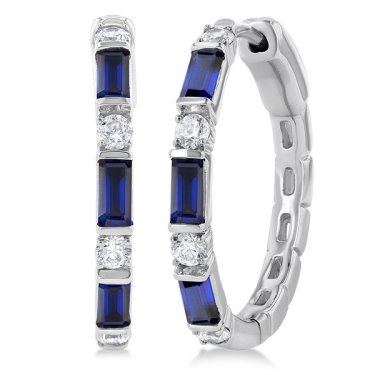 Hoop earrings in 14k white gold with baguette sapphires and diamonds