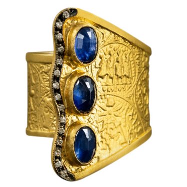 Handman Roman coin ring in 24k yellow gold and silver with sapphires