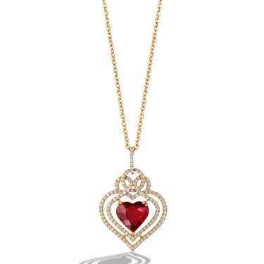 Heart pendant in 18k yellow gold with 4.01 ct. ruby and 0.75 ct. t.w. diamonds, $43,100; Steven Royce 