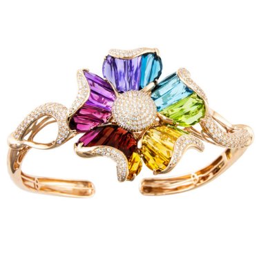 Mademoiselle flower cuff in 14k rose gold with 15.66 cts. t.w. multicolor gemstones and 1.35 cts. t.w. diamonds, $19,900; Bellarri