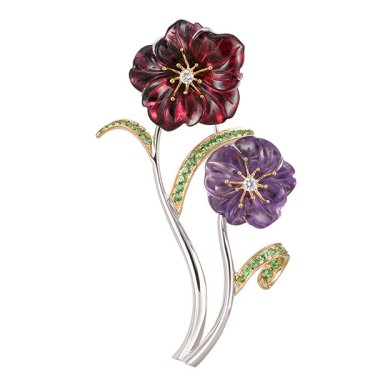 Flower brooch in 18k white and yellow gold with 7.19 cts. t.w. rubellite, 7.73 cts. t.w. amethyst, 0.47 ct. t.w. tsavorite, and 0.11 ct. t.w. diamonds, price on request; Denny Wong