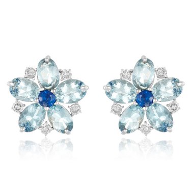 Flower earrings in 14k white gold and sterling silver with 3.87 cts. t.w. aquamarine, sapphires, and diamonds, $1,300; Mabel Chong