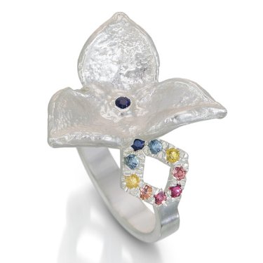 Seed Pod ring in sterling silver with multicolor sapphires, $1,200; Sandrine B