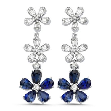 Earrings in 14k white gold with 5.6 cts. t.w. sapphire and,  0.73 ct. t.w. baguette and 0.73 ct. t.w. round diamonds, $6,630; ZDNY